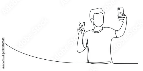 A continuous line drawing of a young man taking a selfie while making a victory sign with his hand