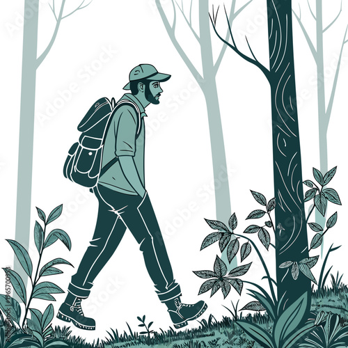 Man walking through forest with backpack and hat on a trail with trees and plants