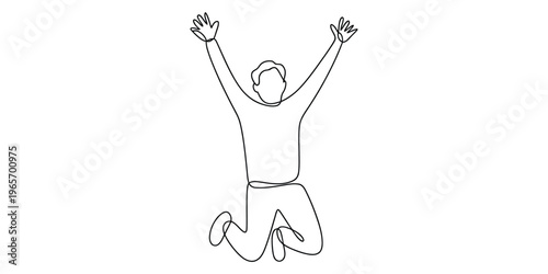 A single continuous line drawing of a joyful person jumping with hands raised in the air happily