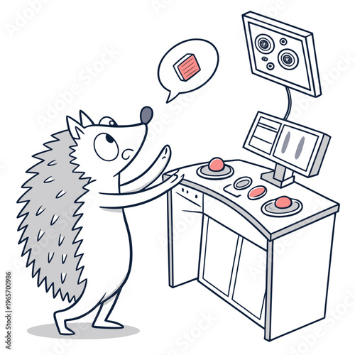 A cartoon hedgehog standing in front of a computer workstation with a monitor and control panel