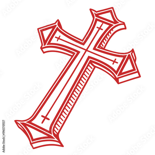 Stylized red cross with detailed shading and intricate cross patterns, symbol of faith and religion with gothic flair
