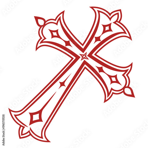 Intricate red cross design with geometric diamond shapes and elegant pointed flourishes, symbol of spiritual belief and devotion
