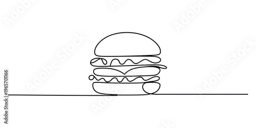 Minimalist continuous line drawing of a delicious classic hamburger with a bun and fresh toppings