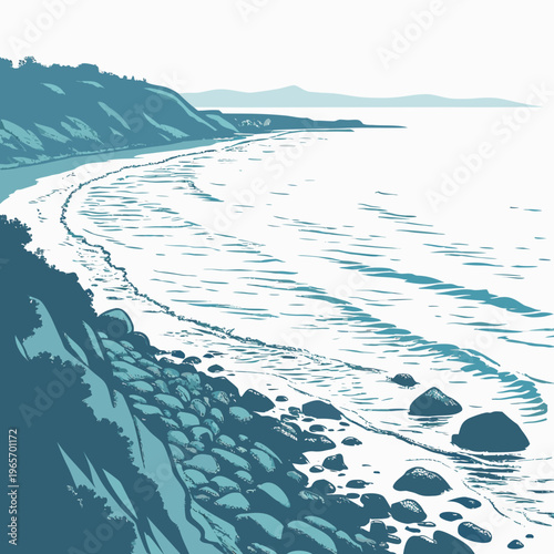 Teal illustration of a rocky coastline with waves gently lapping at the shore on a serene day with hills in the background