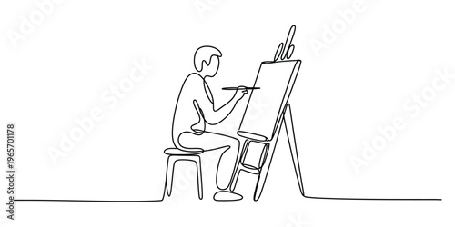 A single continuous line drawing of a person sitting on a stool and painting on an easel canvas