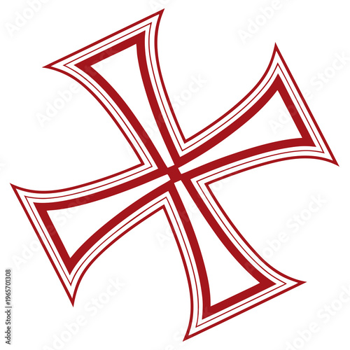 Red cross symbol with curved arms and pointed edges isolated on white background for religious emblems graphic design projects and heraldic art