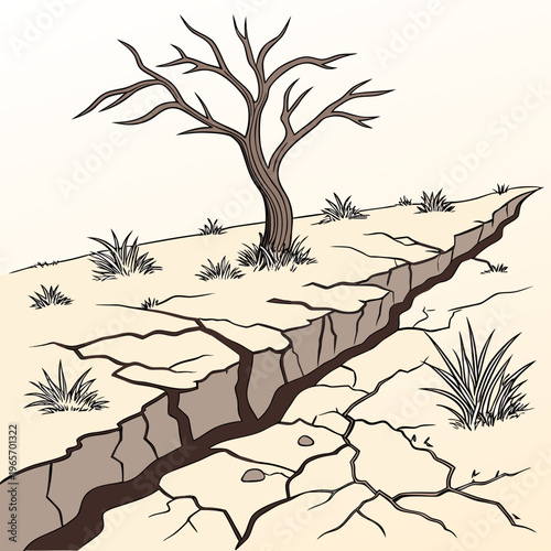 A barren tree stands on a cracked and dry earth landscape with sparse grass and a deep chasm