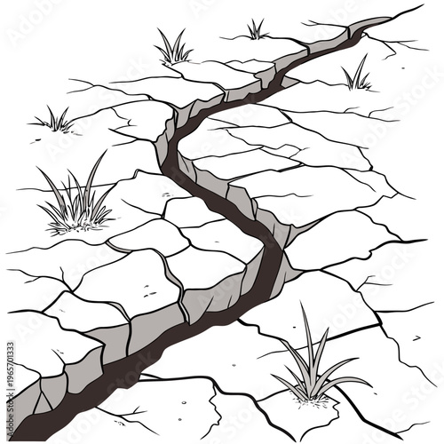 A black and white illustration of a large crack in dry earth with grass growing through the cracks