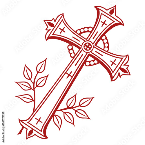 Detailed orthodox cross with floral branches and decorative ring background for traditional religious festivals and ecclesiastical art projects