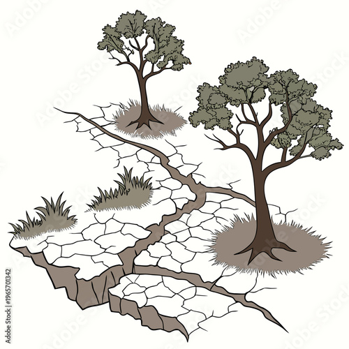 Vector illustration of drought cracked earth with trees and grass showing effects of dry land and soil erosion