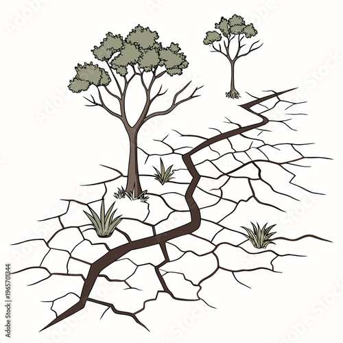 Vector illustration of drought cracked earth with trees and grass showing severe dry land conditions