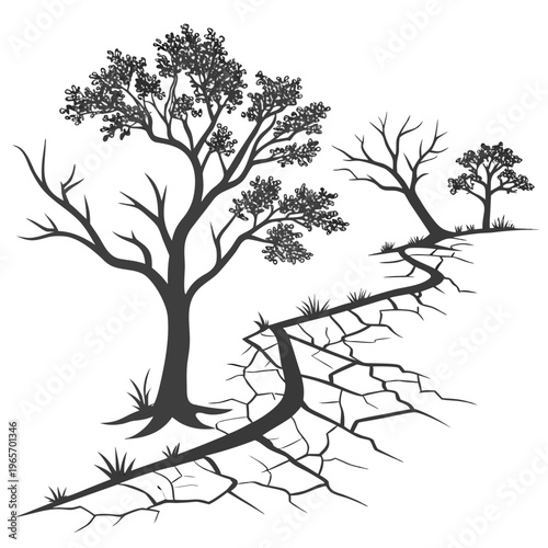 Vector illustration of trees on cracked dry earth with grass, symbolizing drought and environmental damage