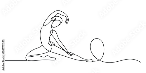 A single continuous line drawing of a person performing a graceful yoga stretch on the floor surface