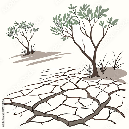 Illustration of two trees on dry cracked earth with grass