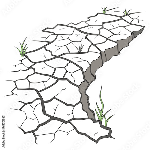 A cartoon illustration of cracked dry earth with grass growing through the cracks