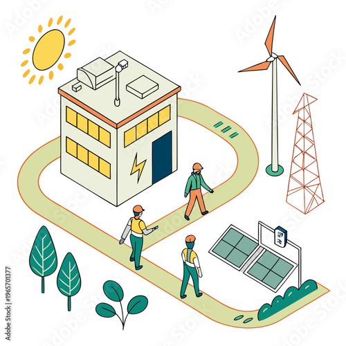 Illustration of workers near a power plant with renewable energy sources like solar panels and wind turbine