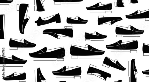 Loafers scattered in repeating pattern on white background, no seamless