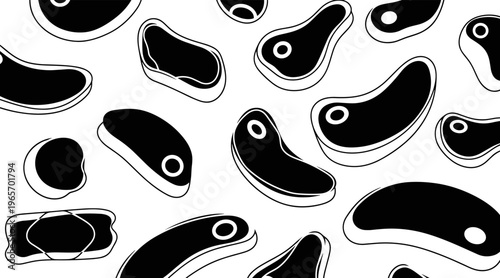 Abstract steak and meat cuts arranged on white surface pattern, no seamless