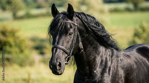 Close up portrait of a black Friesian horse with long wavy mane in a summer pasture, majestic black stallion looking at camera, luxury equestrian lifestyle and breeding
