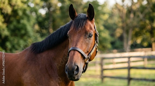 Portrait of bay horse with Caspian nameplate on leather halter in autumn park. Professional equestrian photography and thoroughbred racehorse concept. Elegant dark brown horse outdoors.