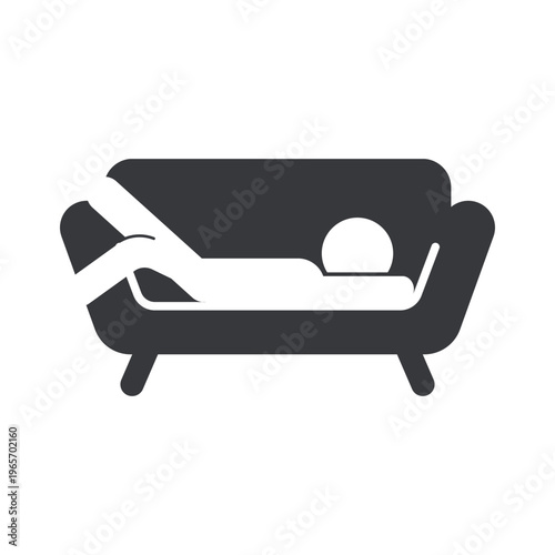 Isolated monochrome pictogram of person relaxing lazily on sofa representing procrastination, inactivity, idle behavior, and low productivity lifestyle concept