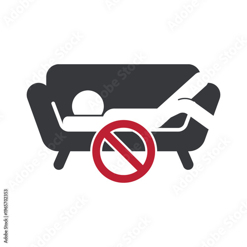 Isolated prohibition illustration showing no lying on sofa, indicating restriction in public areas, exhibitions, and display furniture to maintain cleanliness and order