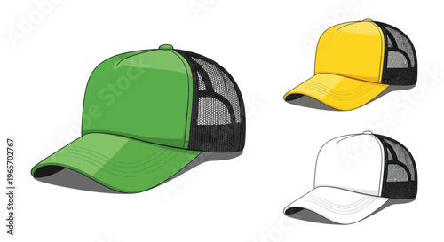 Set of colorful trucker hats: green, yellow, and white