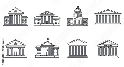 Set of Hand-Drawn Government Buildings, Courthouses, and Capitols