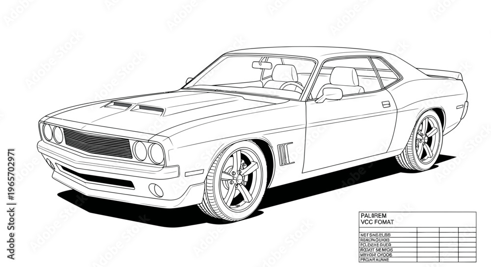 Fototapeta premium Classic Muscle Car Blueprint Drawing - Vintage Sports Automobile Line Art