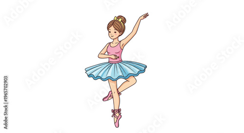 Young ballerina dancer in pink leotard and blue tutu performing ballet pose