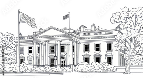 White House Facade, Presidential Residence, Washington D.C. Line Art Drawing