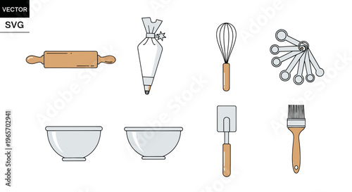 Baking Utensils Collection: Rolling Pin, Piping Bag, Whisk, Bowls, Spatula, Brush, Measuring Spoons