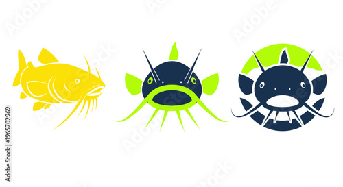 Catfish Icons Set: Yellow Silhouette, Blue Green Face, Circular Emblem