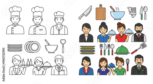 Culinary Team: Chefs, Waiters, and Kitchen Utensils - Vector Icons Set