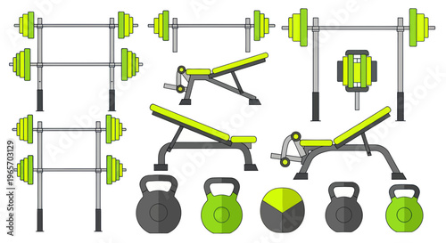 Gym Equipment Set: Barbells, Benches, Kettlebells & Weights - Flat Design