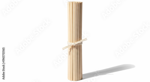 A bundle of light-colored wooden sticks tied with string, standing upright on a white background.