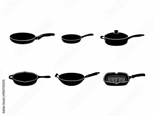 Black and white pan collection, kitchen cookware icons set