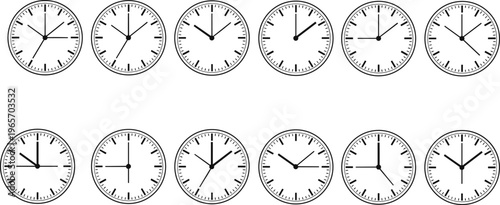 Vector illustration of analog clock icons—various time positions for education, time-telling, school activities, learning tools, and schedule reference