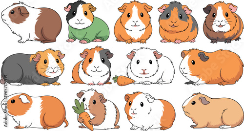 Collection of Cute Cartoon Guinea Pigs in Different Poses and Colors, with Carrots and Playful Expressions