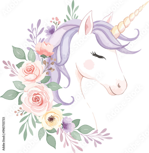 Watercolor unicorn with rainbow mane and floral accents
