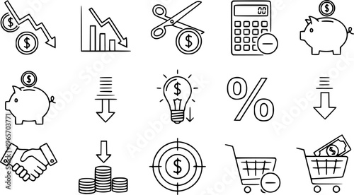 Cost Reduction icon set. Editable line icons. Vector illustration.
