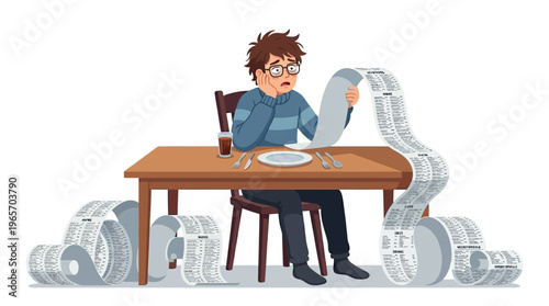 Man overwhelmed by financial struggles at dining table.