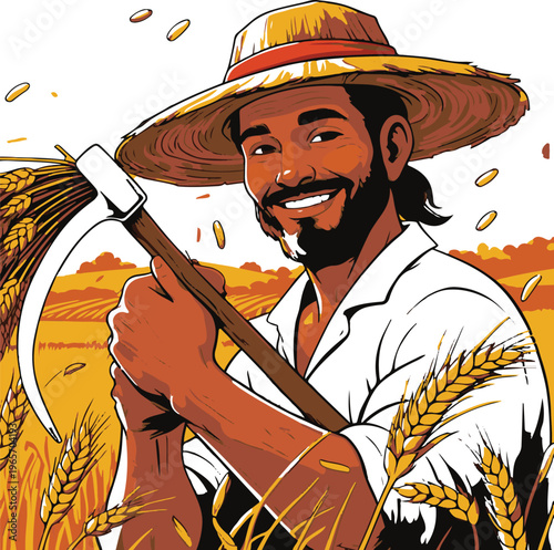 Farmer harvesting golden wheat with sickle, warm color palette, sticker design 1