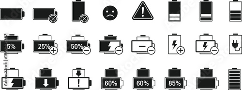 Vector illustration of battery icons—charging, low power, full level, error, plug, and energy status for UI and tech reference