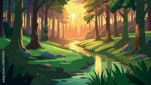 Magical Forest Landscape with Winding River and Golden Sunset Sunlight