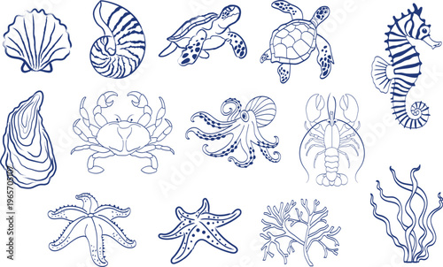 Vector Animal Ocean doodles, Coastal, under water drawings. Hand drawn illustration. Graphic background elements. 

