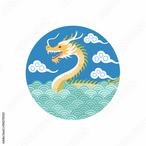 伝統的な和柄の波と龍のフラットデザインアイコン