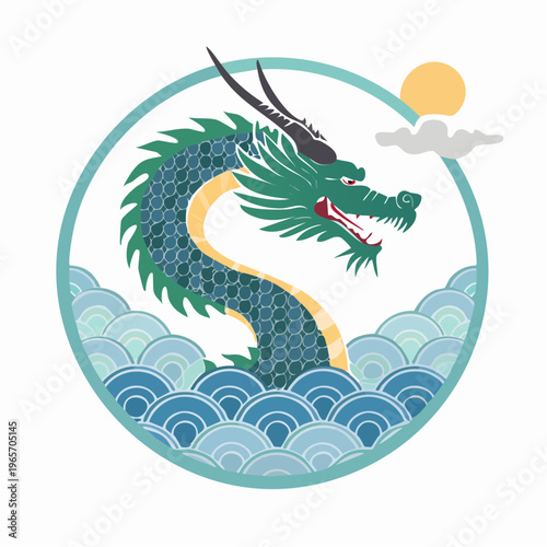 伝統的な和柄の波と龍のフラットデザインアイコン