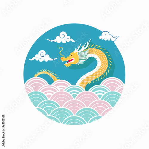 伝統的な和柄の波と龍のフラットデザインアイコン
