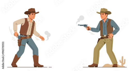 Cowboy Duel Gunfight Western Showdown Flat Vector Illustration